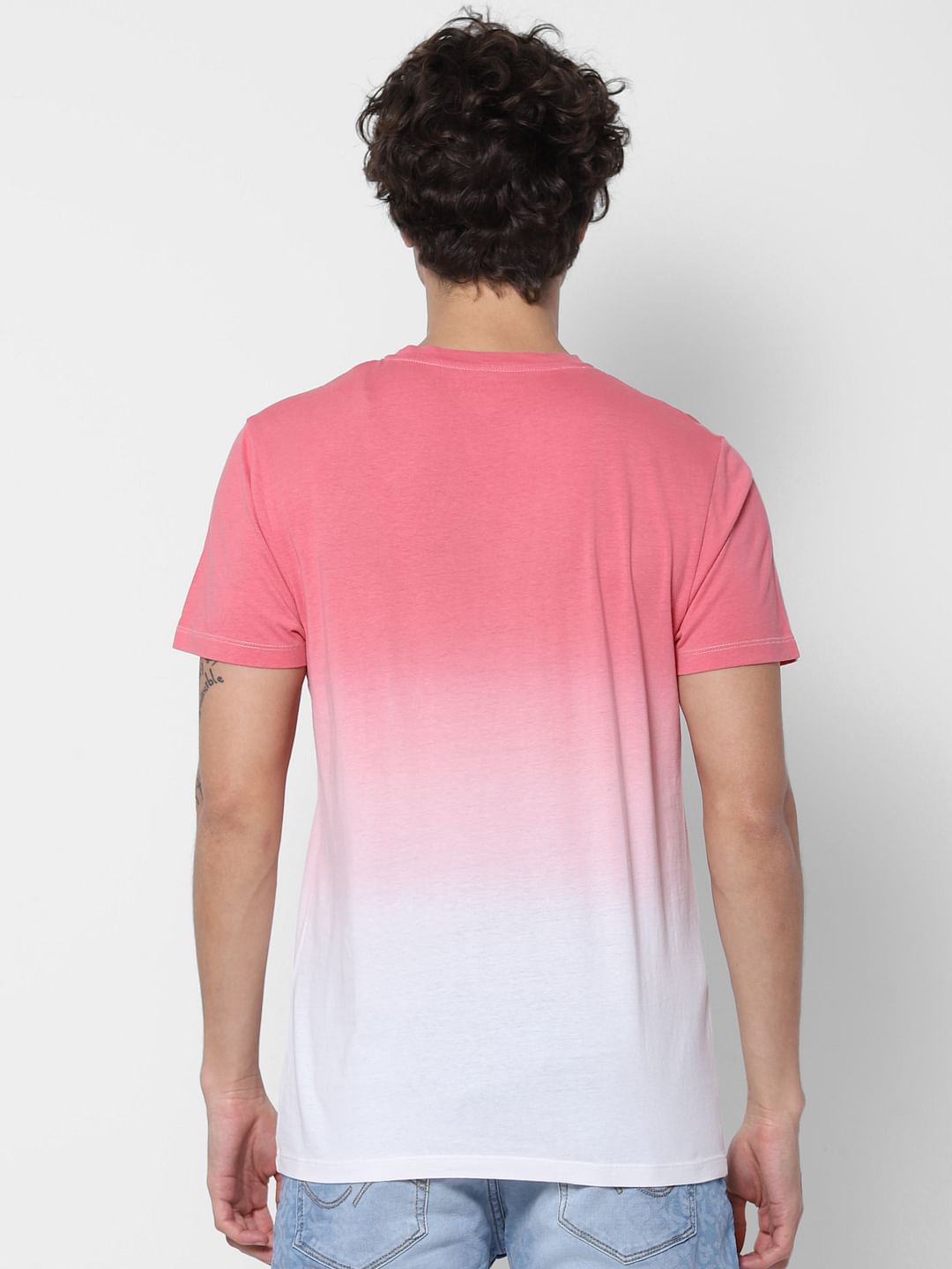 Pink Ombre Crew Neck Text Print T-shirt