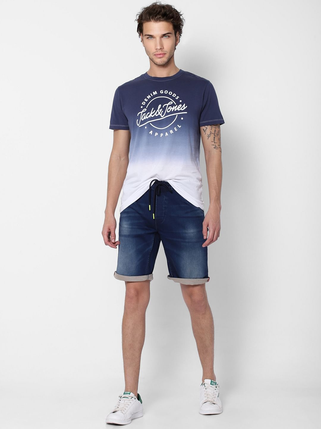 Blue Ombre Crew Neck Text Print T-shirt - S