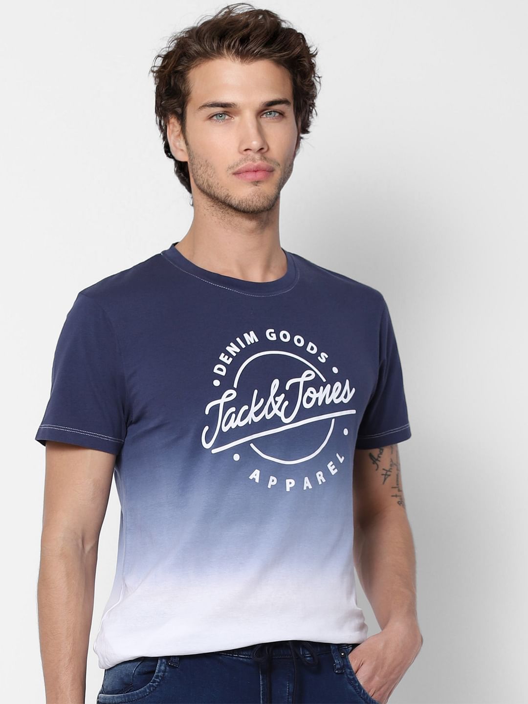 Blue Ombre Crew Neck Text Print T-shirt