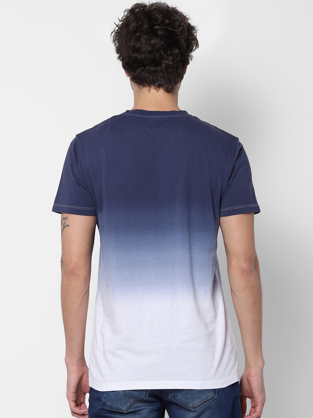 Blue Ombre Crew Neck Text Print T-shirt