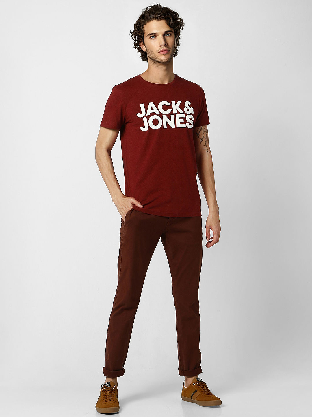 Dark Red Logo Print Crew Neck T-shirt - S