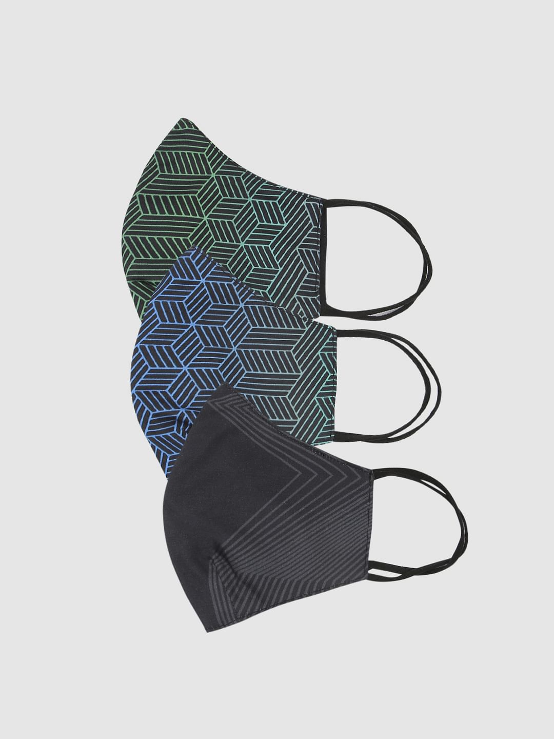 Pack of 3 Black Geometric Print B95 3 PLY Mask - ONE