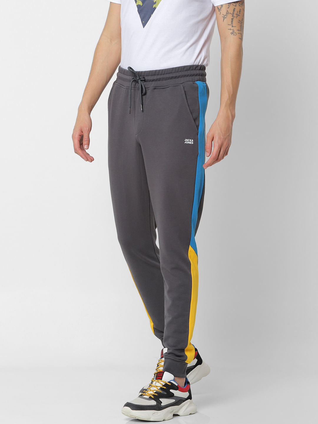 Grey Mid Rise Tape Detail Sweatpants