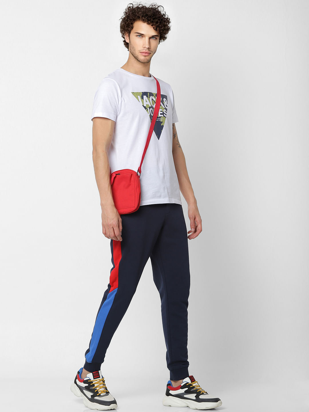 Navy Blue Mid Rise Tape Detail Sweatpants - S