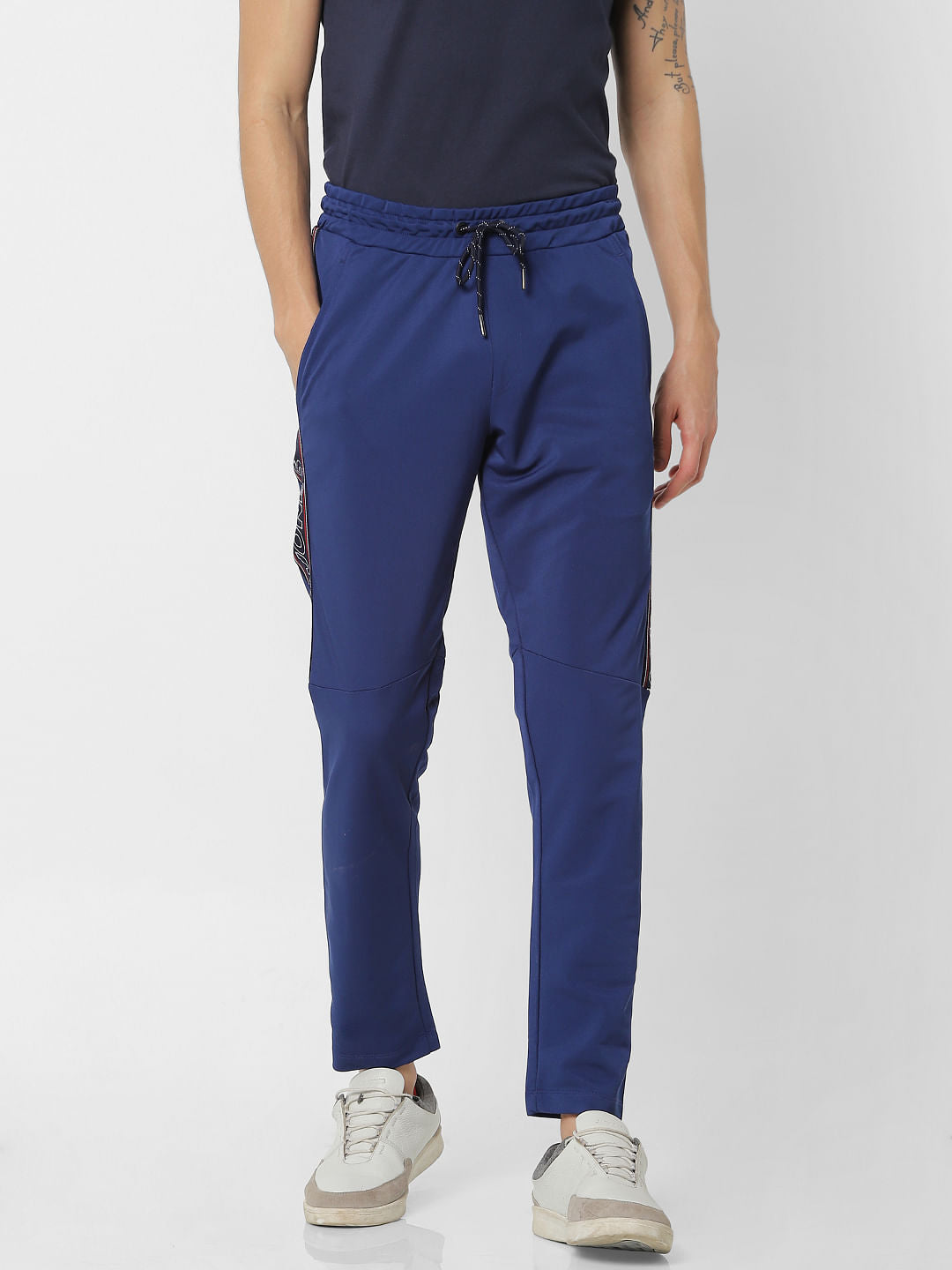 Blue Mid Rise Logo Print Sweatpants