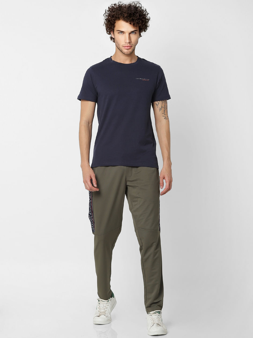 Olive Green Mid Rise Logo Print Sweatpants - S
