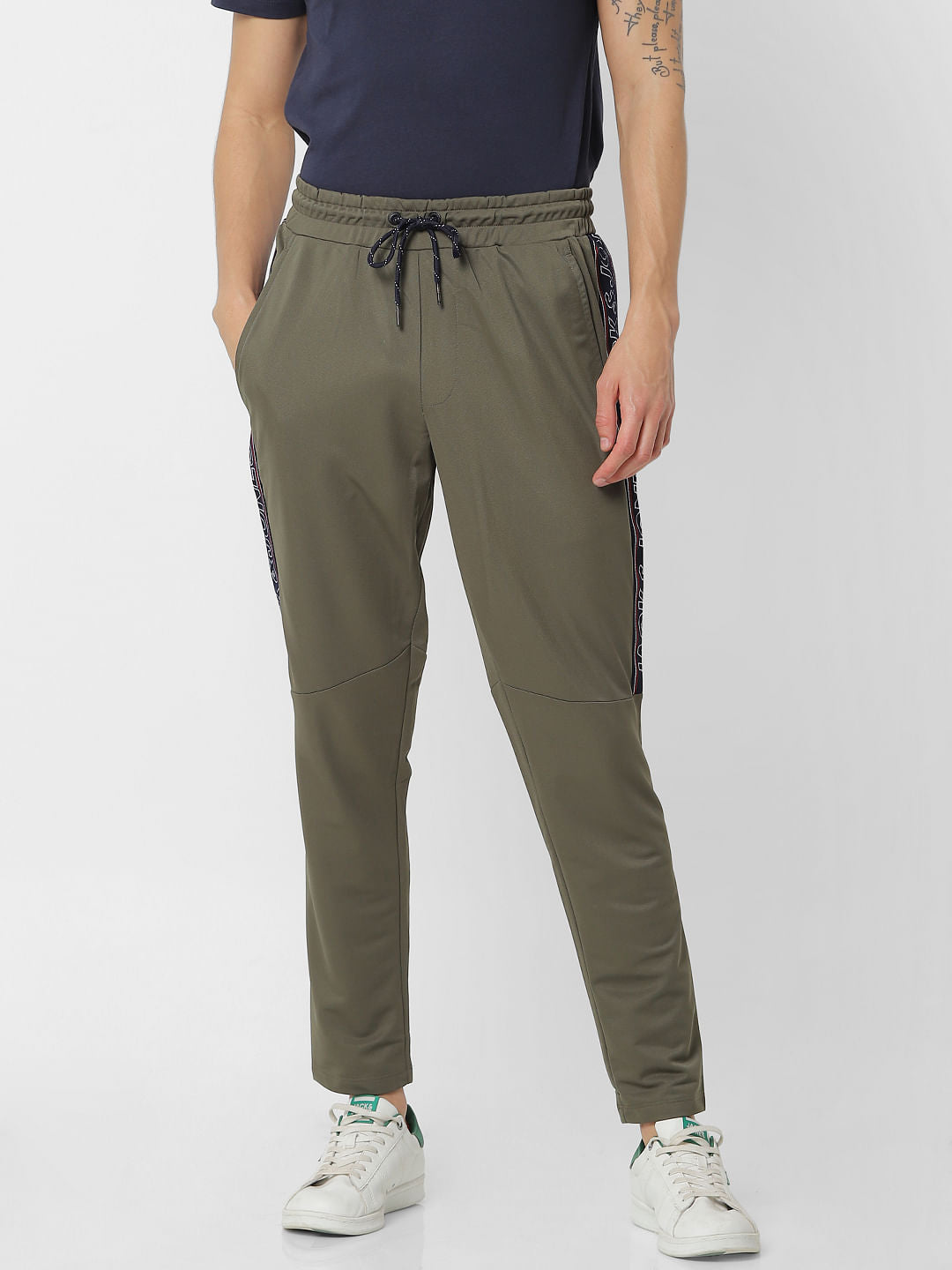 Olive Green Mid Rise Logo Print Sweatpants