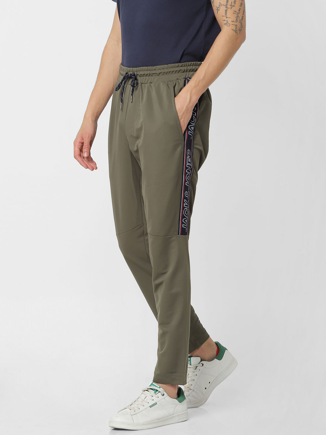 Olive Green Mid Rise Logo Print Sweatpants