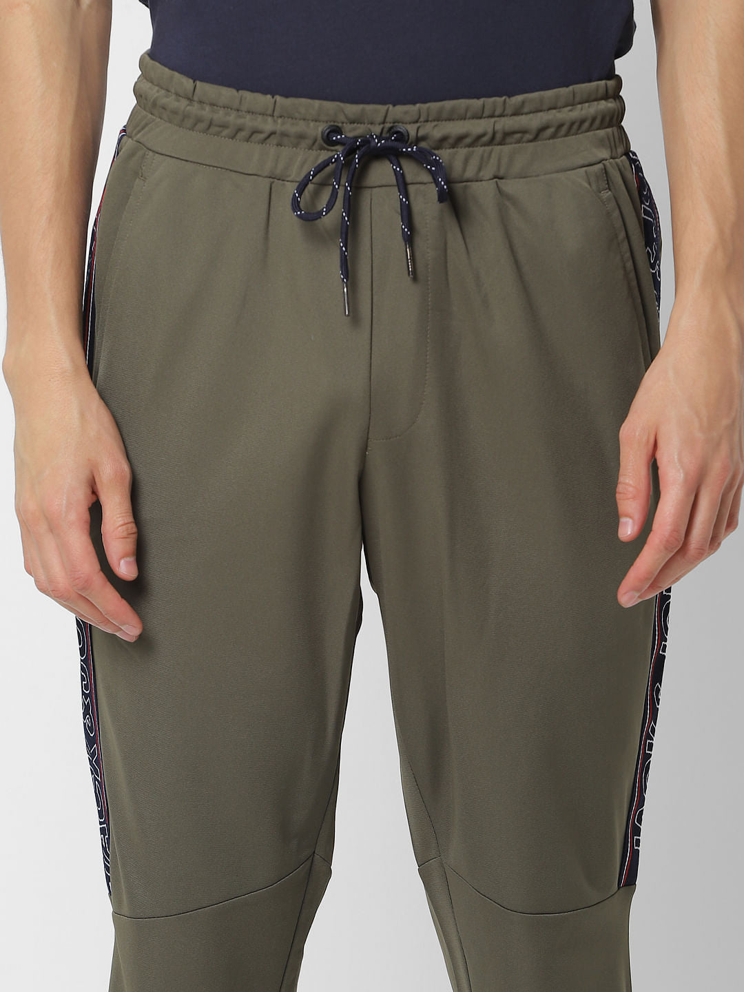 Olive Green Mid Rise Logo Print Sweatpants
