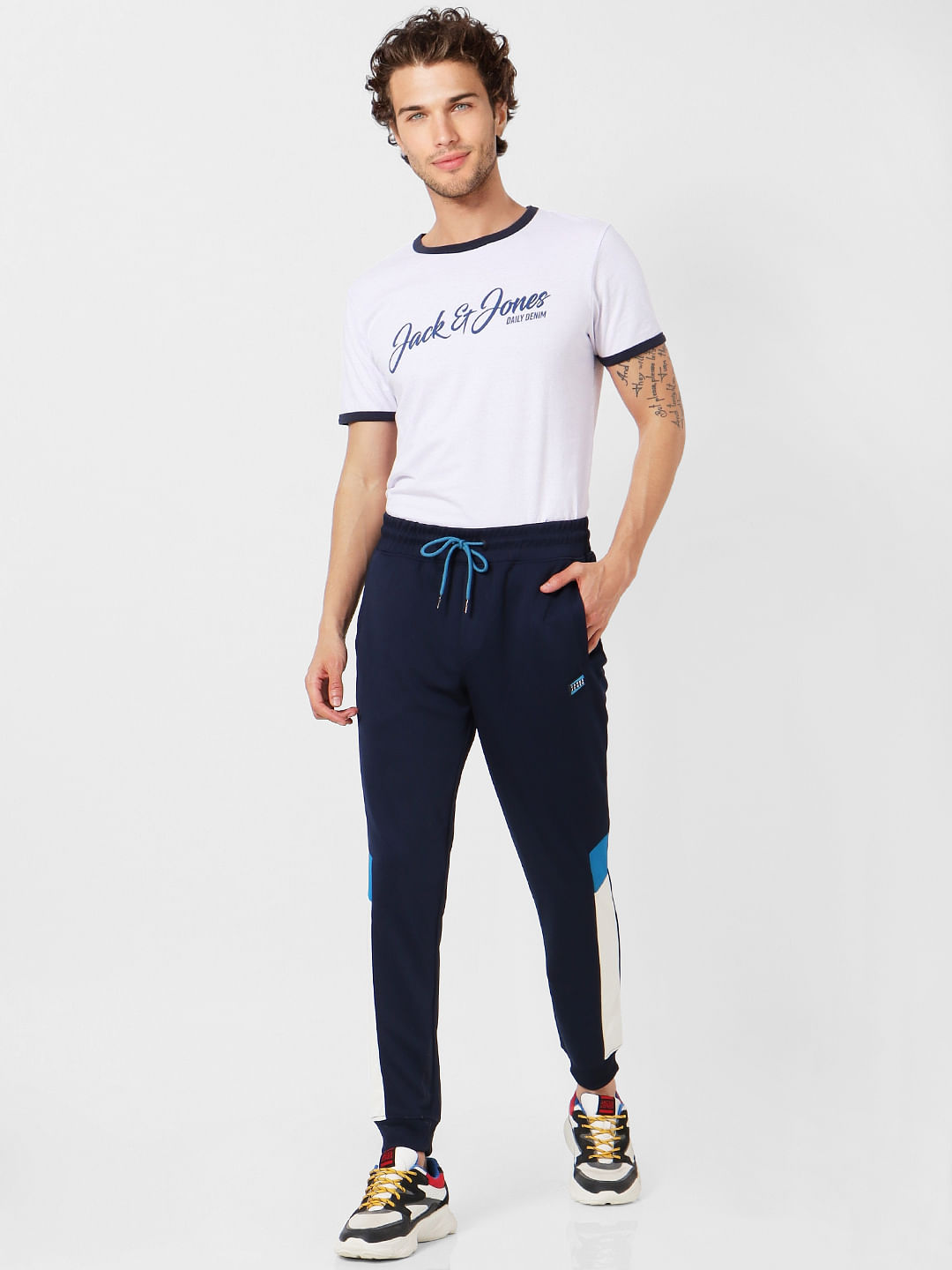 Blue Mid Rise Tape Detail Sweatpants - S