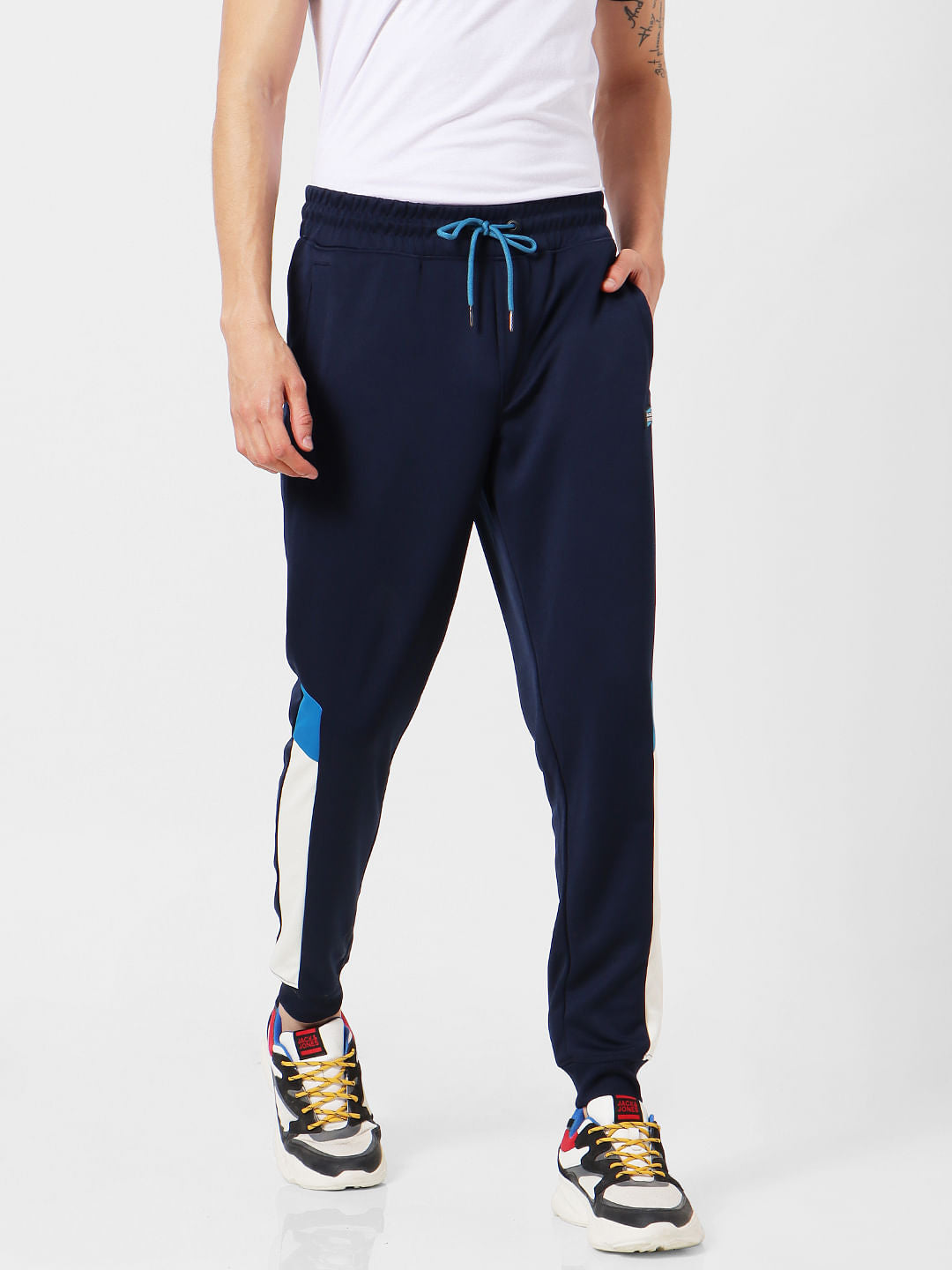 Blue Mid Rise Tape Detail Sweatpants