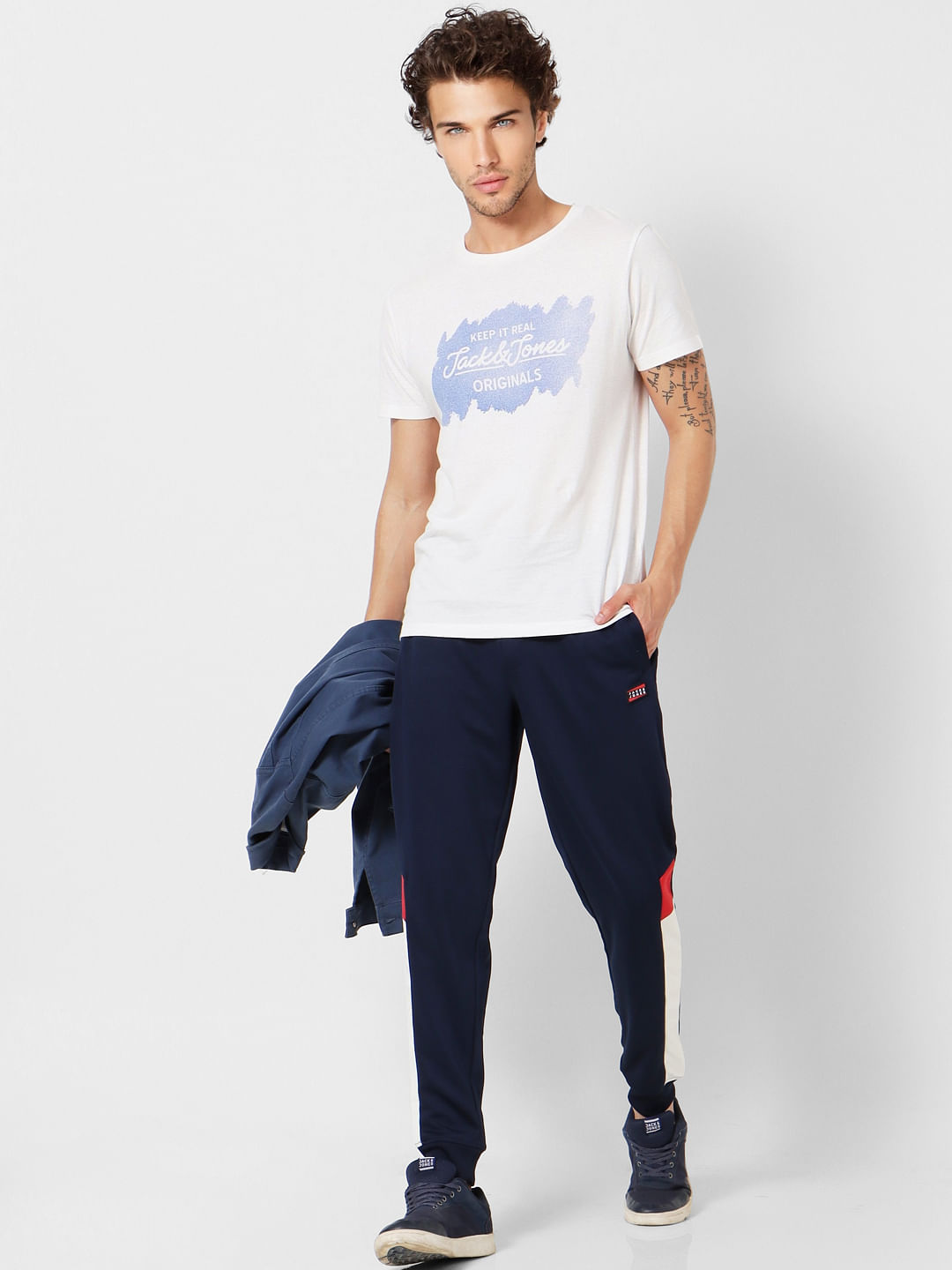 Navy Blue Mid Rise Tape Detail Sweatpants - S