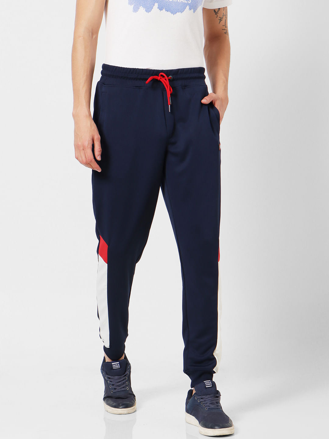 Navy Blue Mid Rise Tape Detail Sweatpants