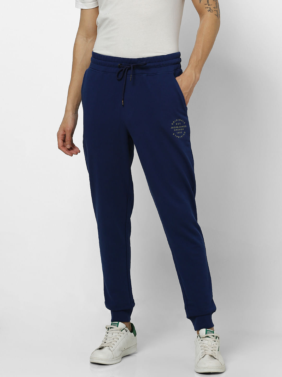Blue Mid Rise Logo Print Sweatpants