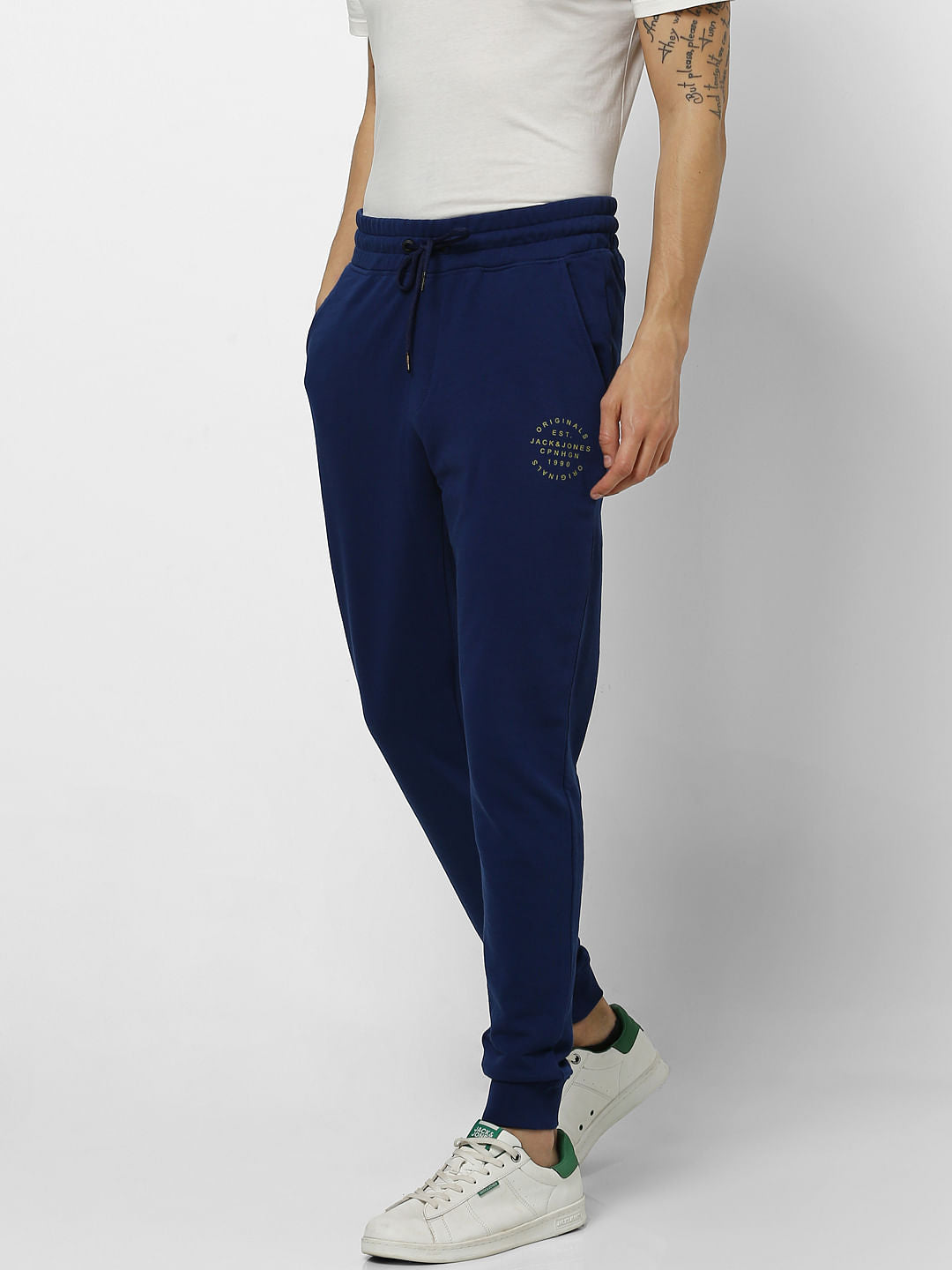 Blue Mid Rise Logo Print Sweatpants