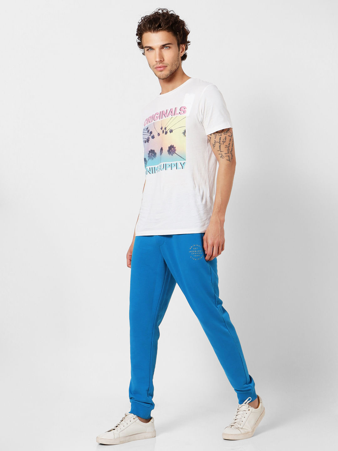 Blue Mid Rise Logo Print Sweatpants - S