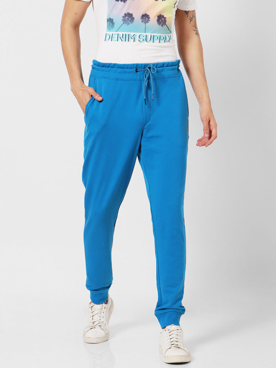 Blue Mid Rise Logo Print Sweatpants