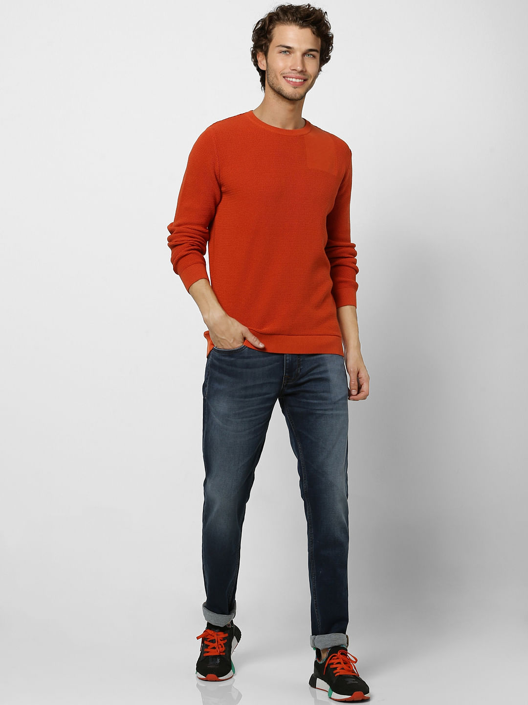 Orange Textured Knit Pullover