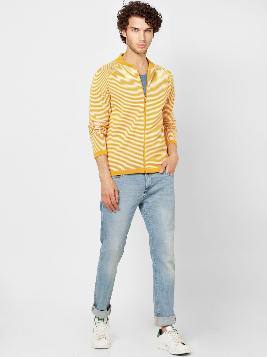 Yellow Striped Zip Up Cardigan - S