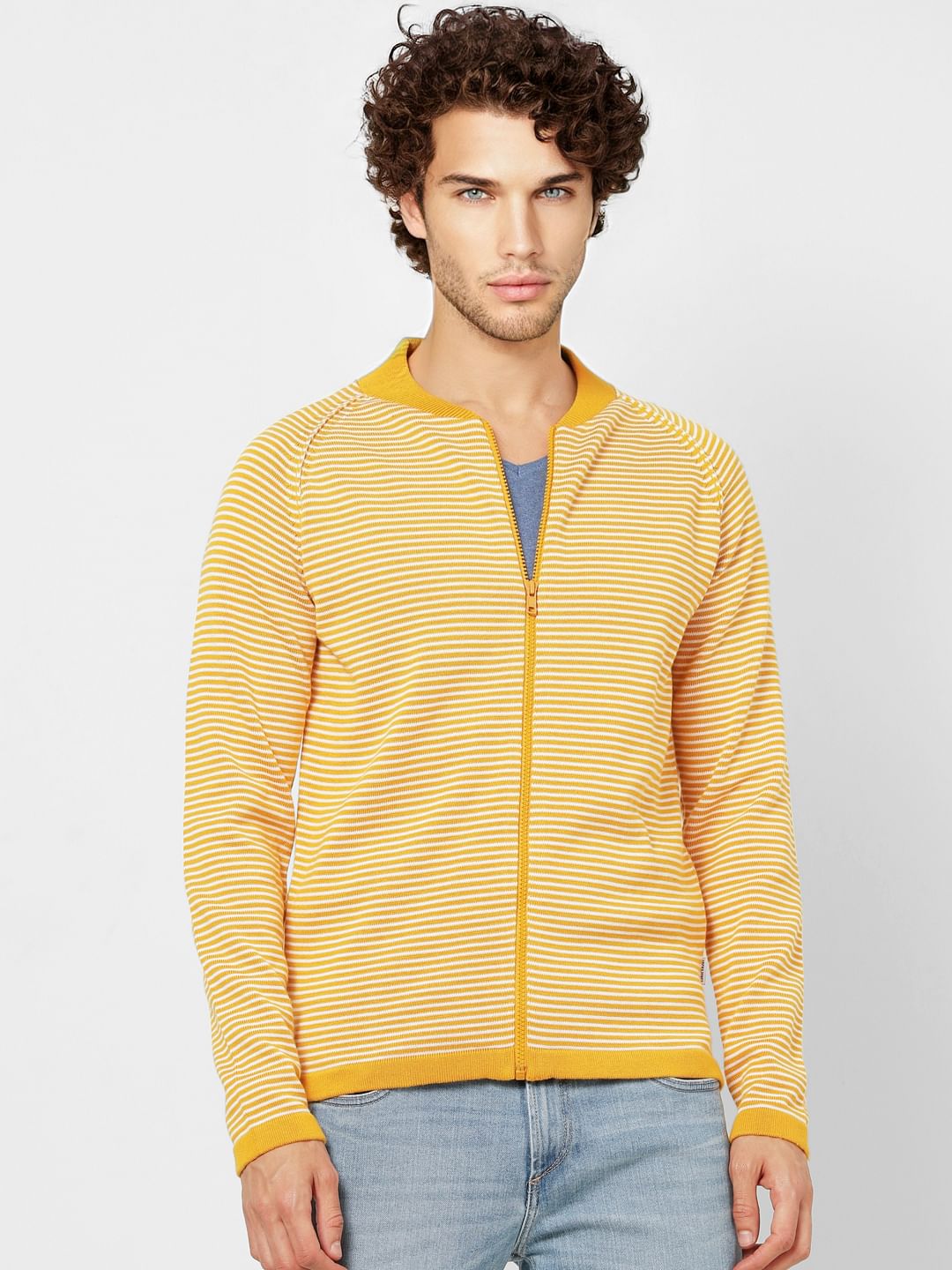 Yellow Striped Zip Up Cardigan