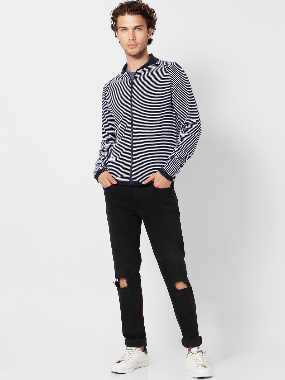 Navy Blue Striped Zip Up Cardigan - S