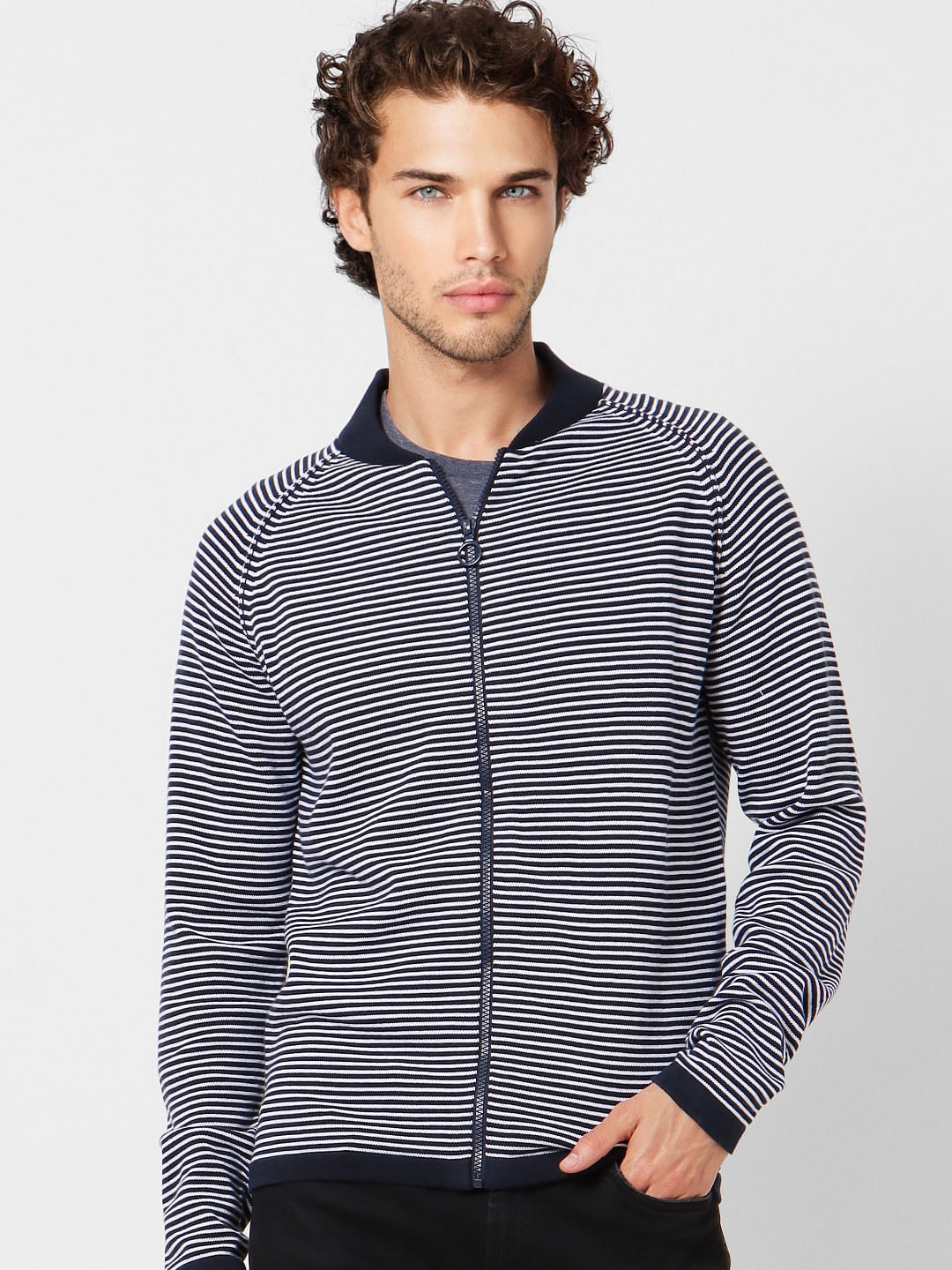 Navy Blue Striped Zip Up Cardigan