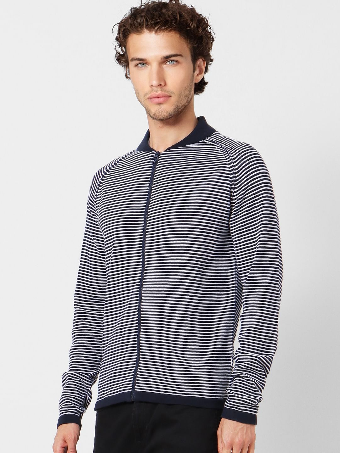 Navy Blue Striped Zip Up Cardigan