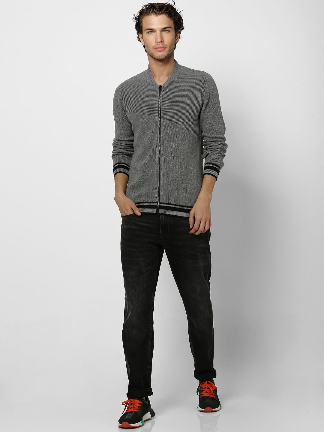 Grey Self Design Zip Up Cardigan - S