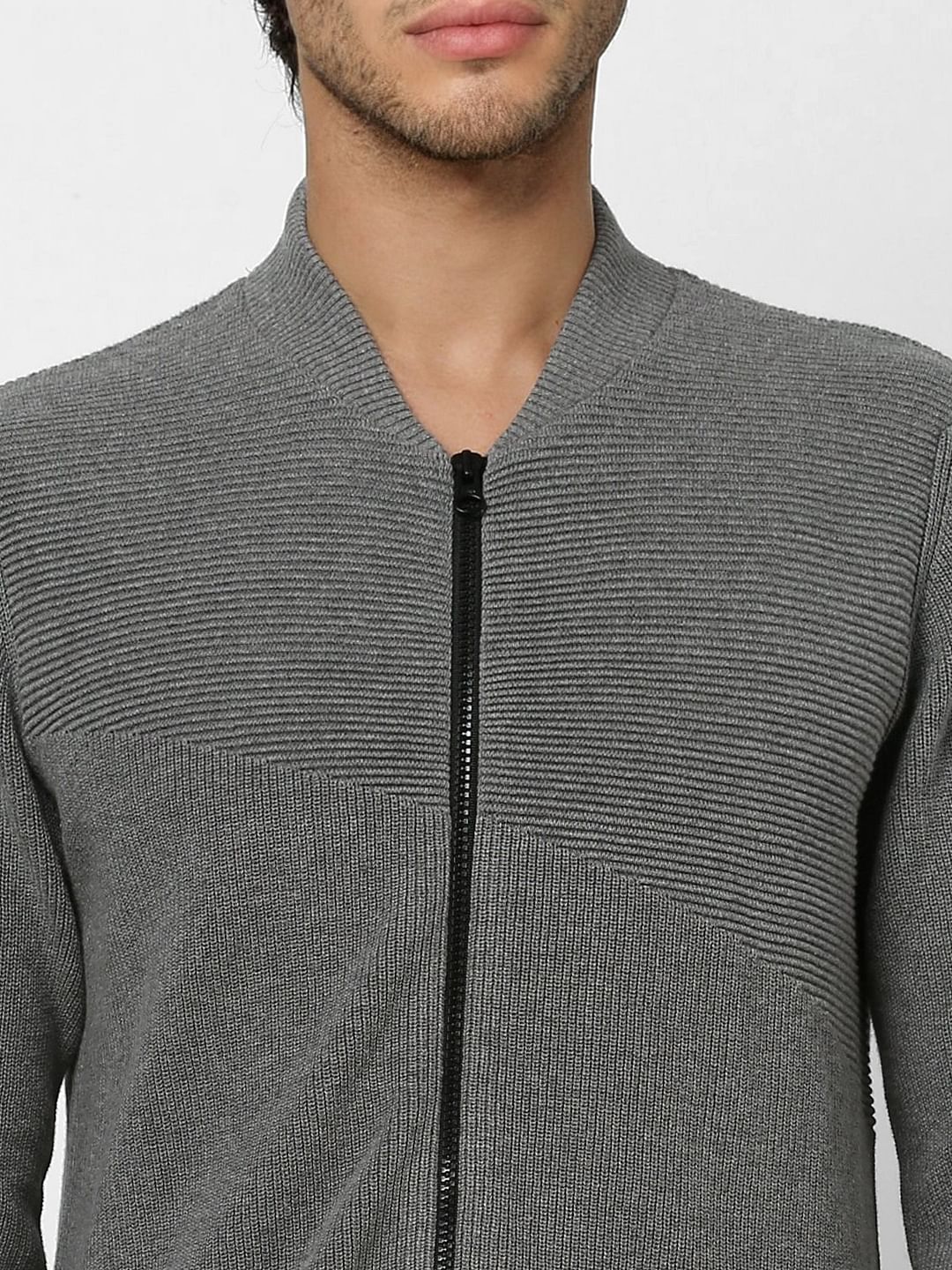 Grey Self Design Zip Up Cardigan