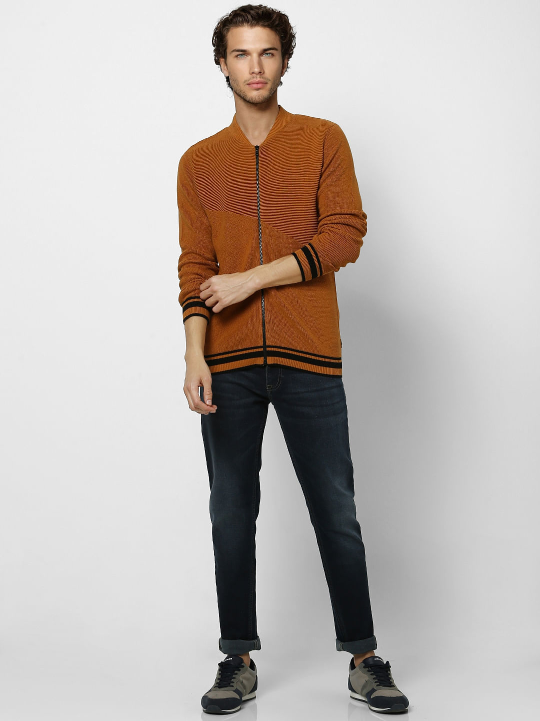 Brown Self Design Zip Up Cardigan - S