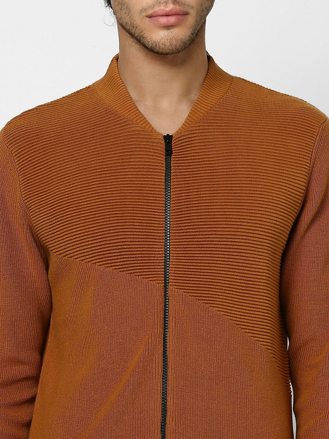 Brown Self Design Zip Up Cardigan