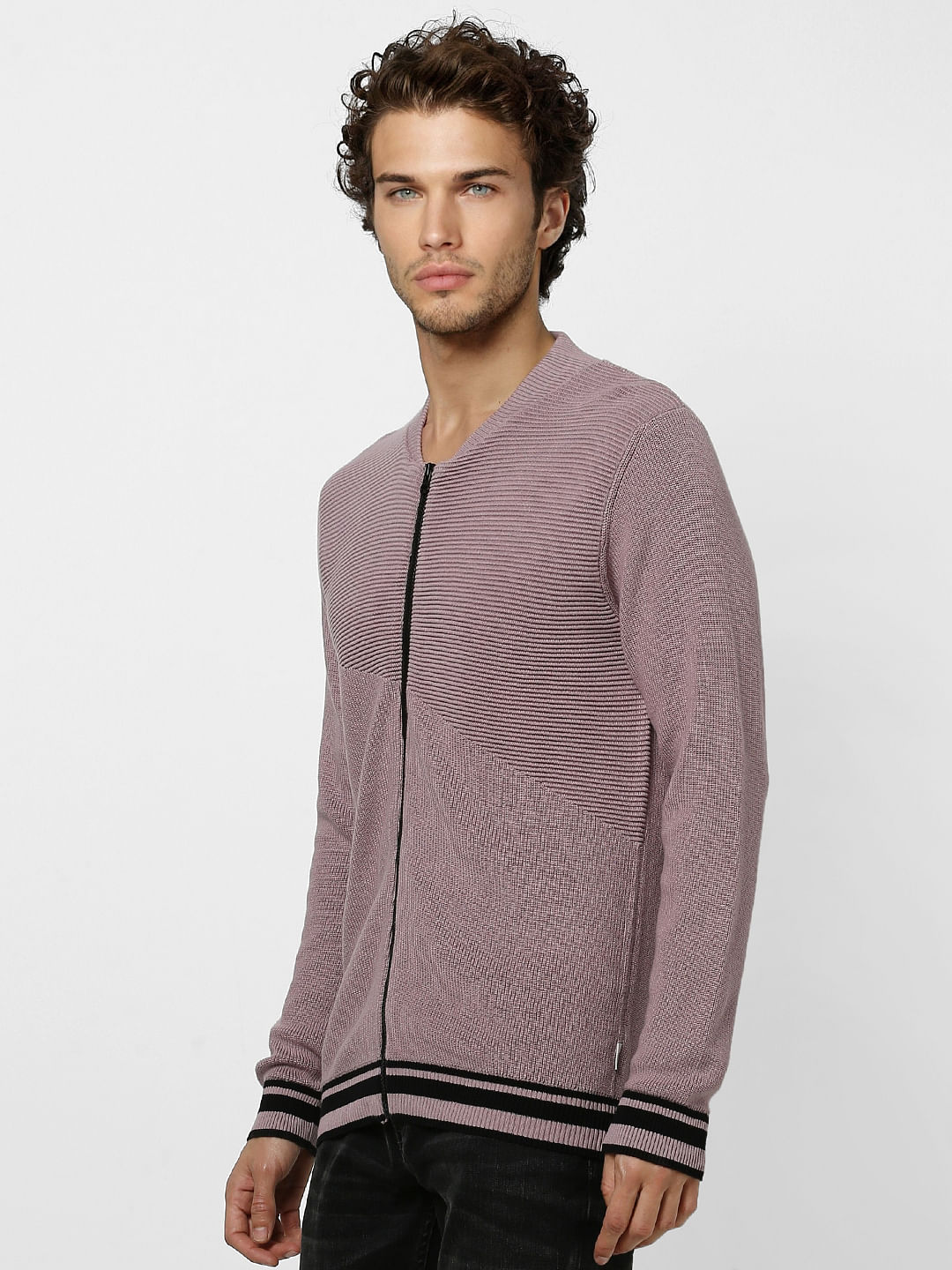 Purple Self Design Zip Up Cardigan