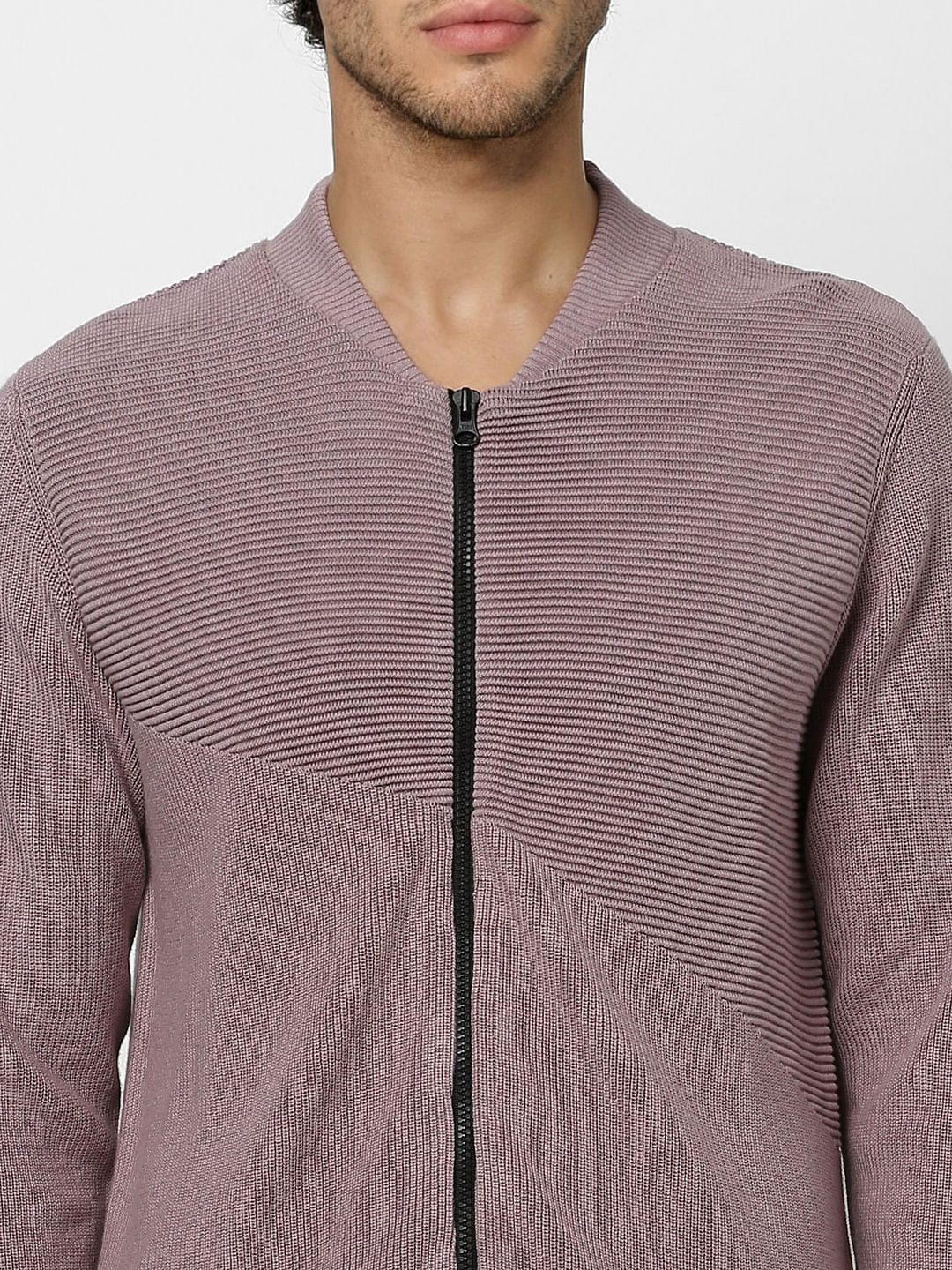Purple Self Design Zip Up Cardigan