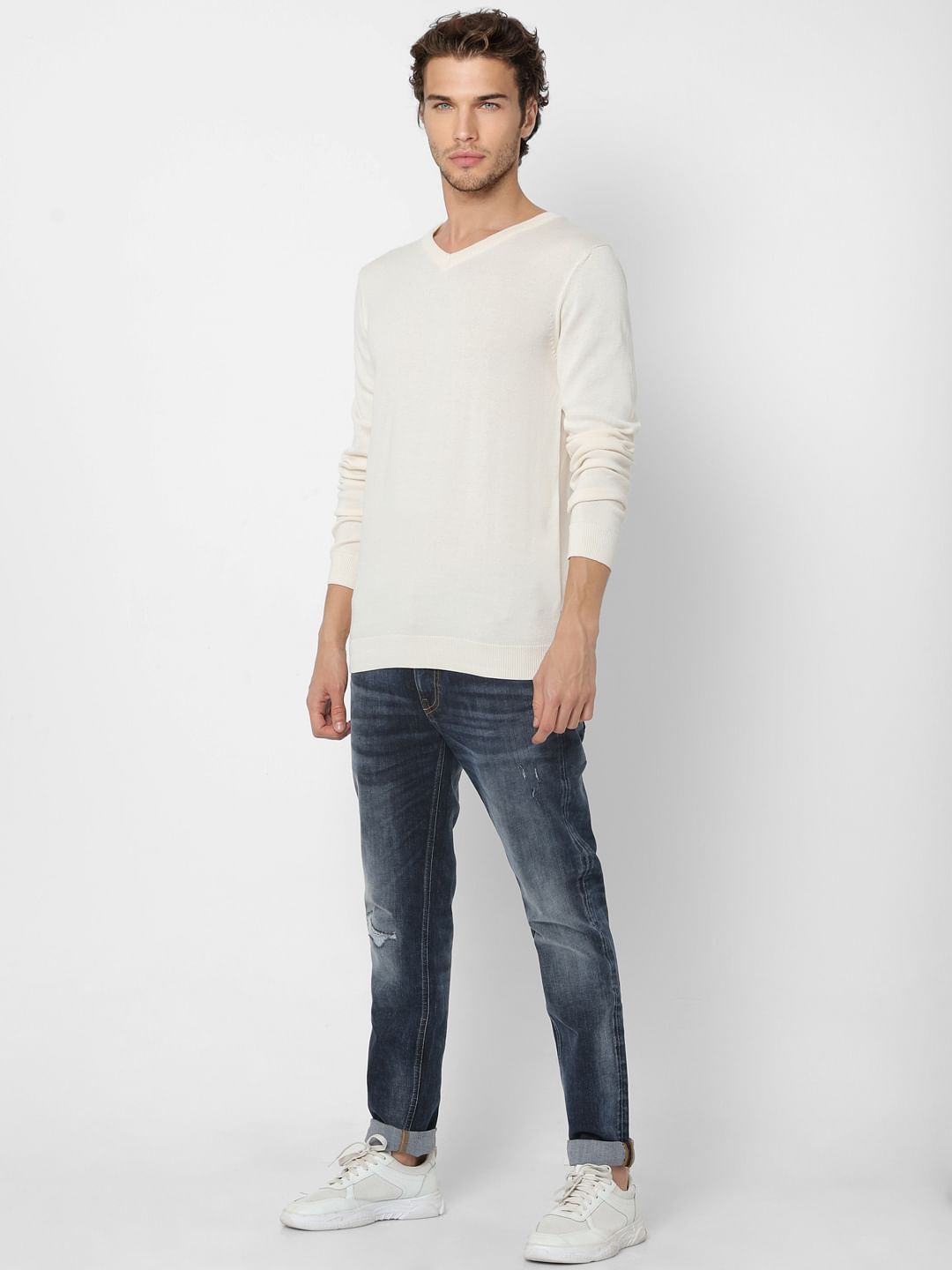 White V Neck Knit Pullover - S