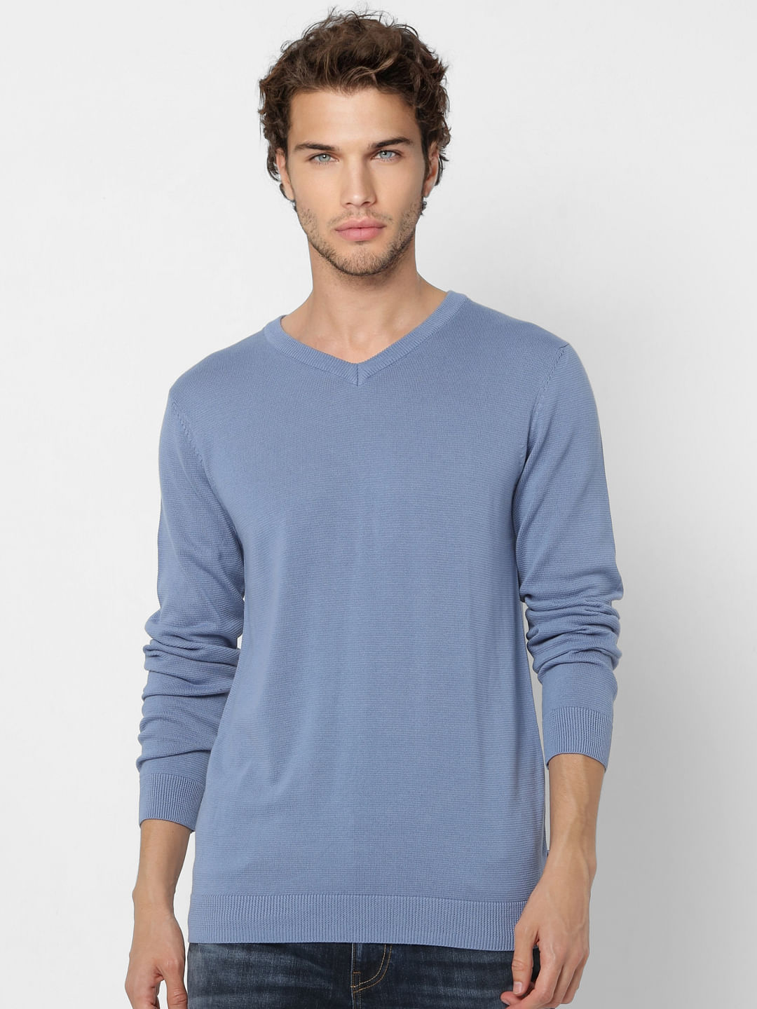 Blue V Neck Knit Pullover