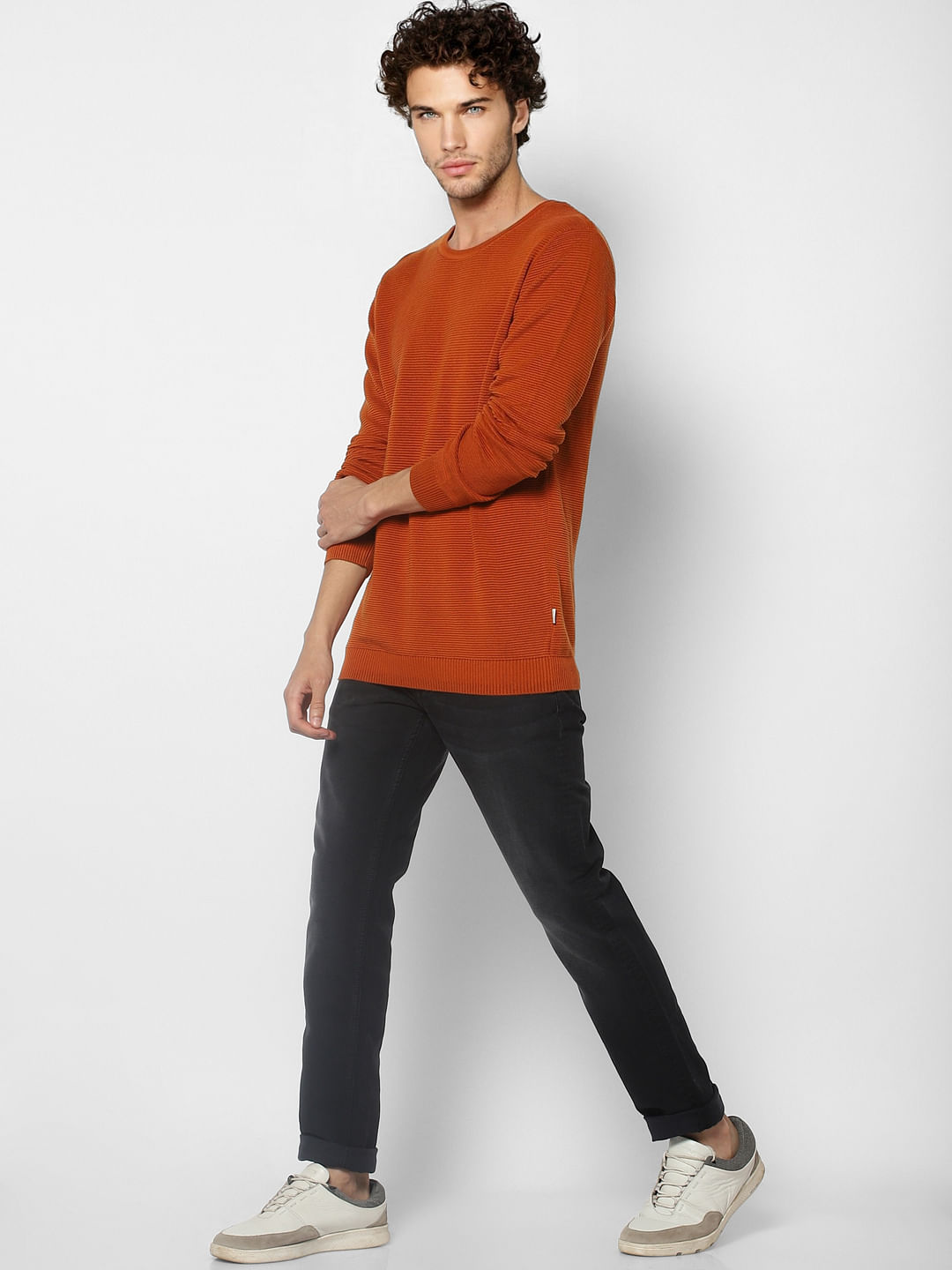 Brown Self Design Knit Pullover - S