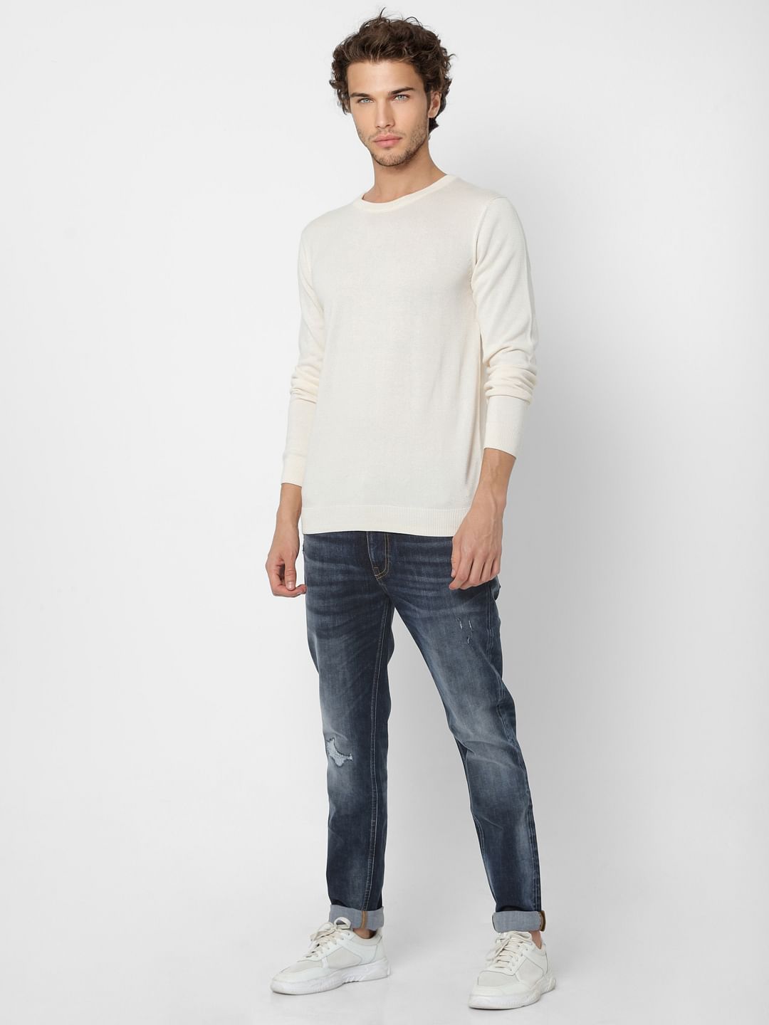 White Self Design Knit Pullover - S