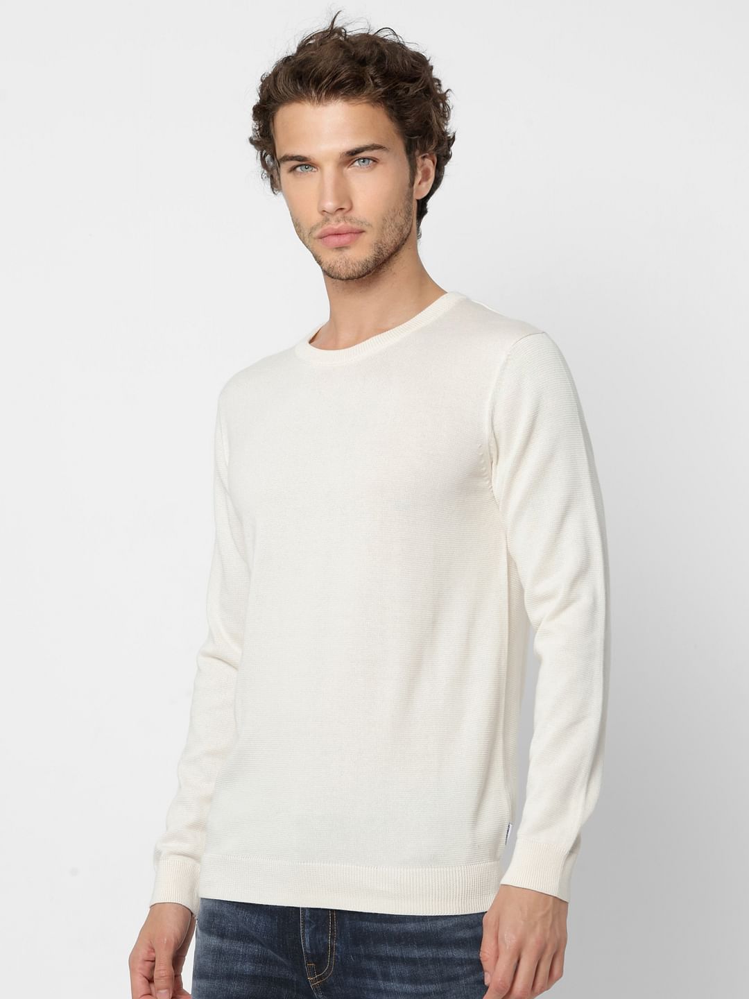 White Self Design Knit Pullover