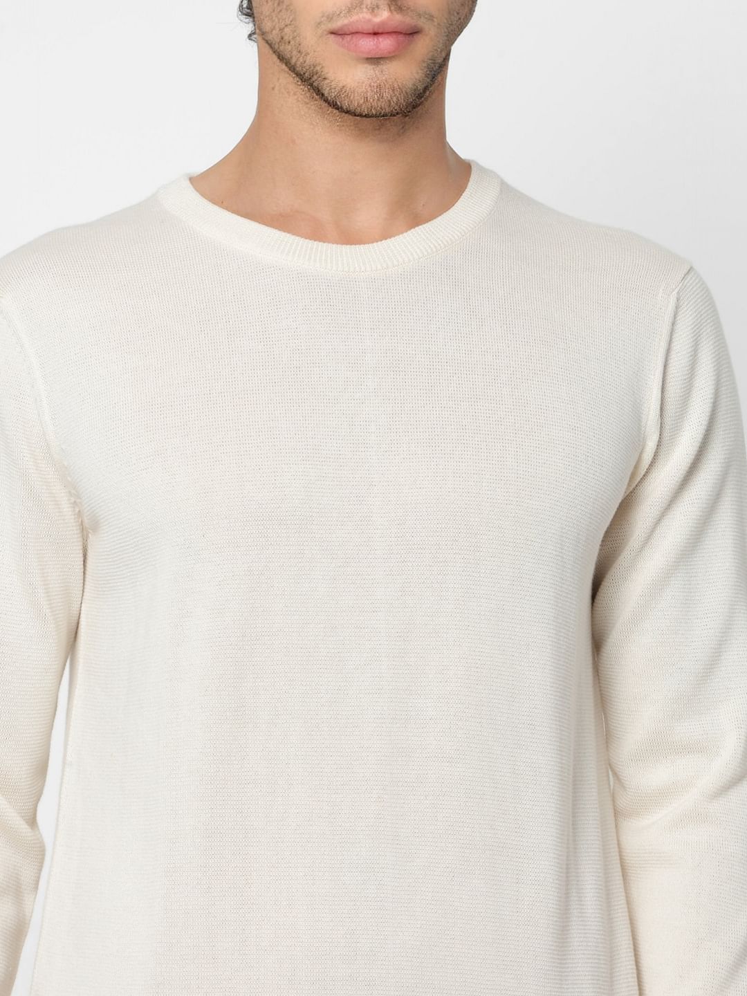 White Self Design Knit Pullover