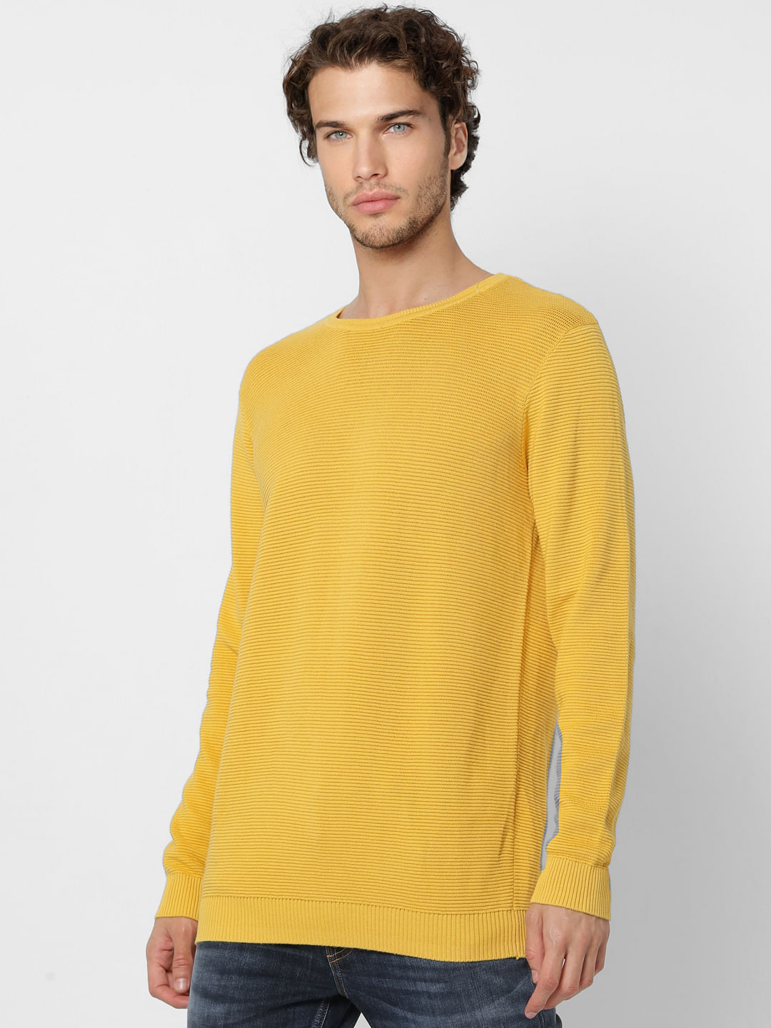Yellow Self Design Knit Pullover