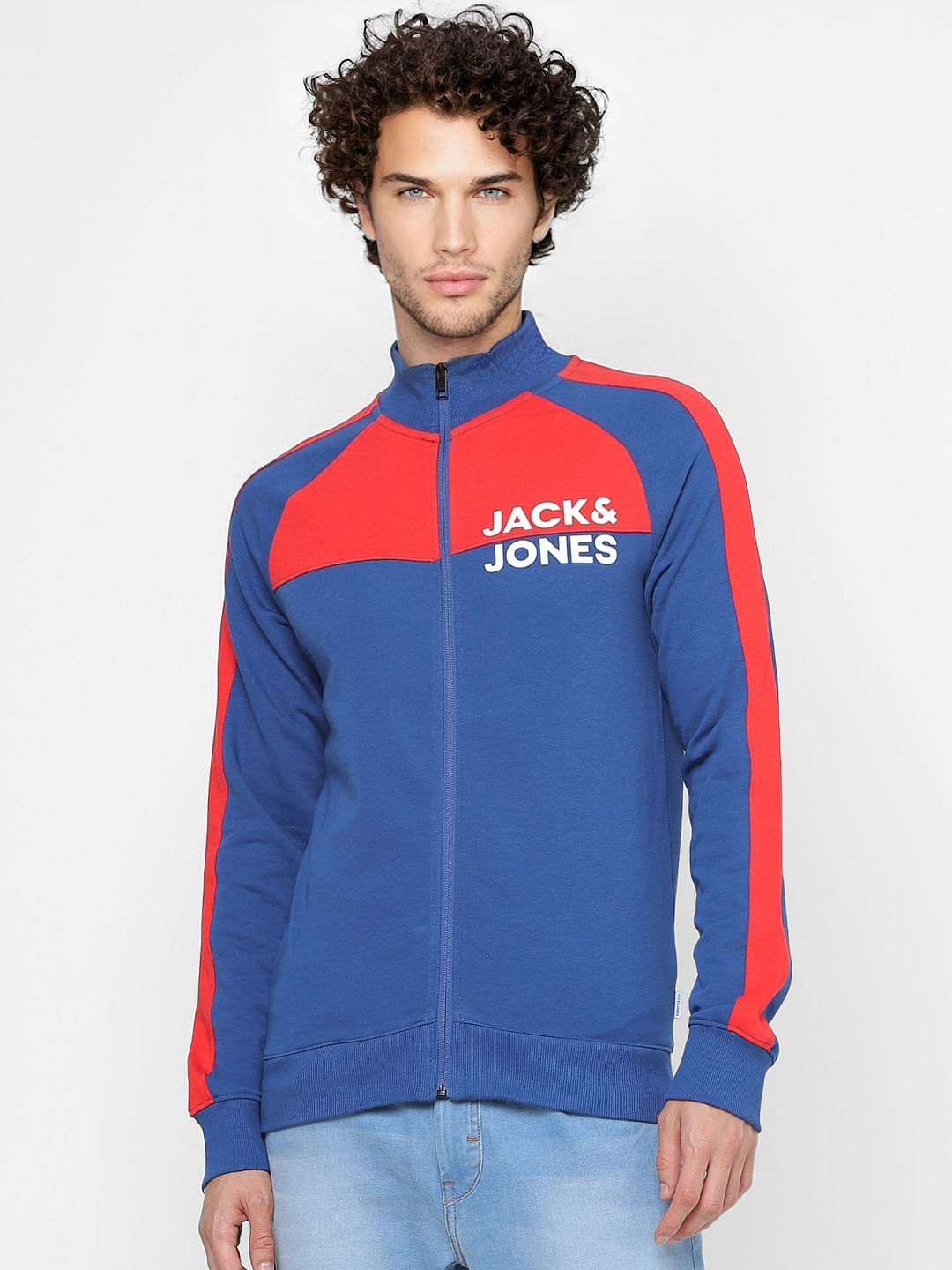 Blue Colourblocked Zip Up Sweatshirt