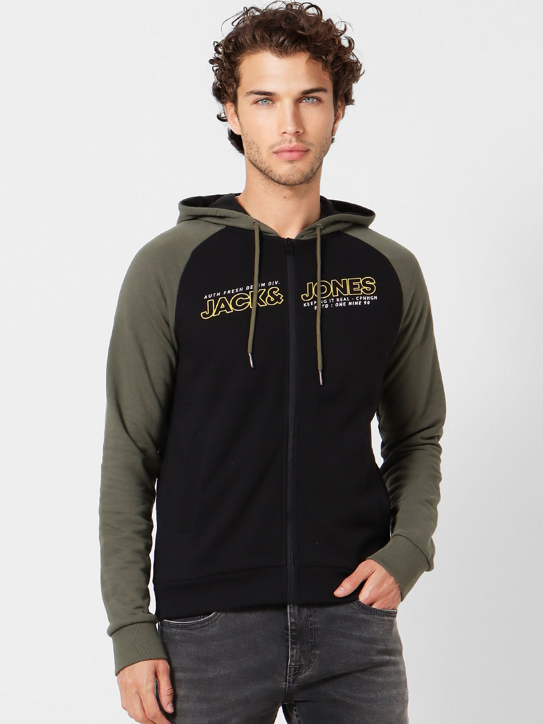 Black Colourblocked Logo Print Hoodie