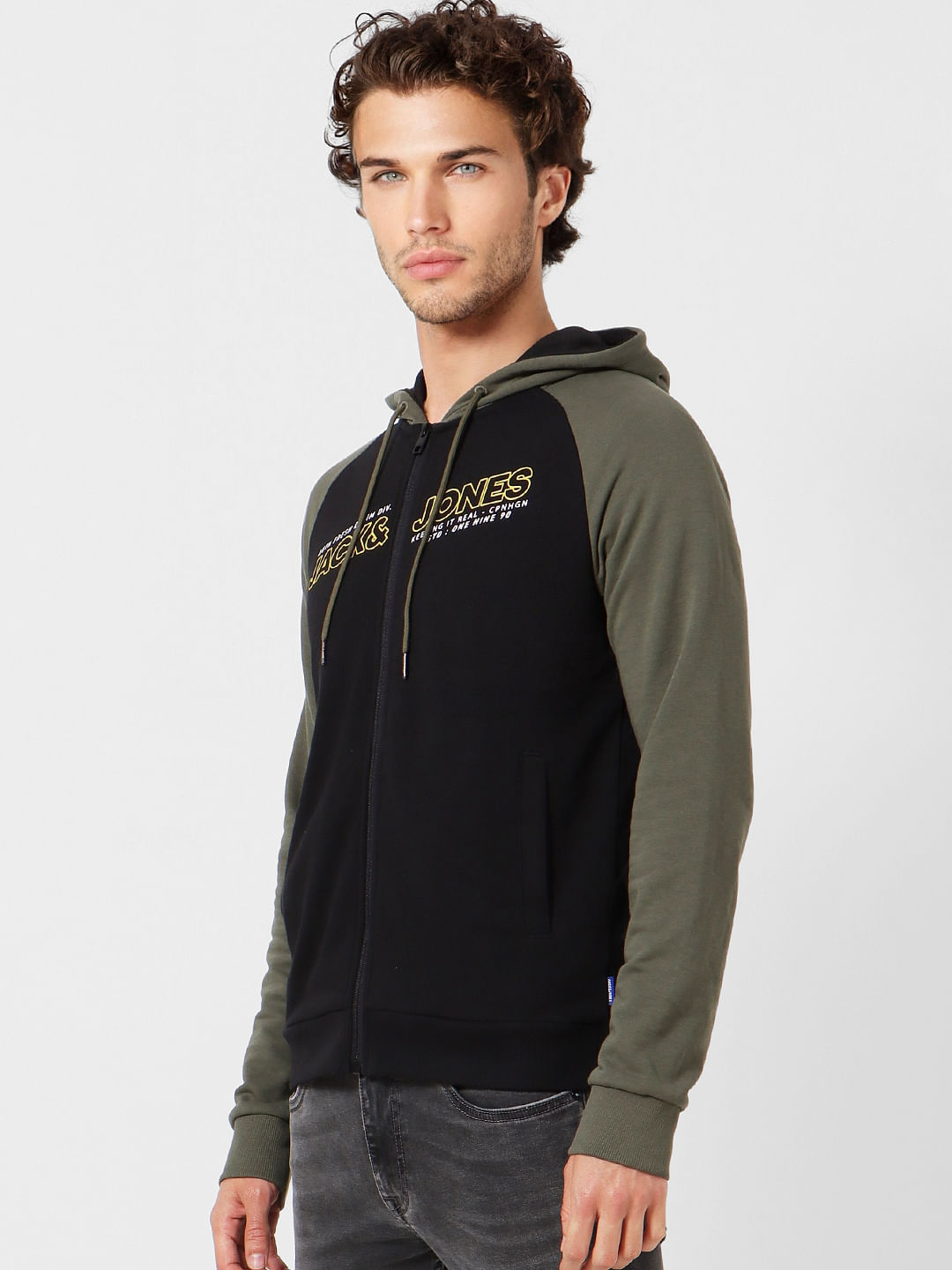 Black Colourblocked Logo Print Hoodie
