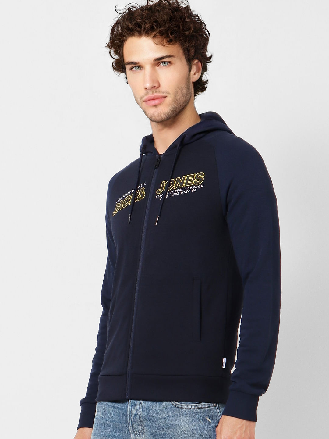 Blue Colourblocked Logo Print Hoodie