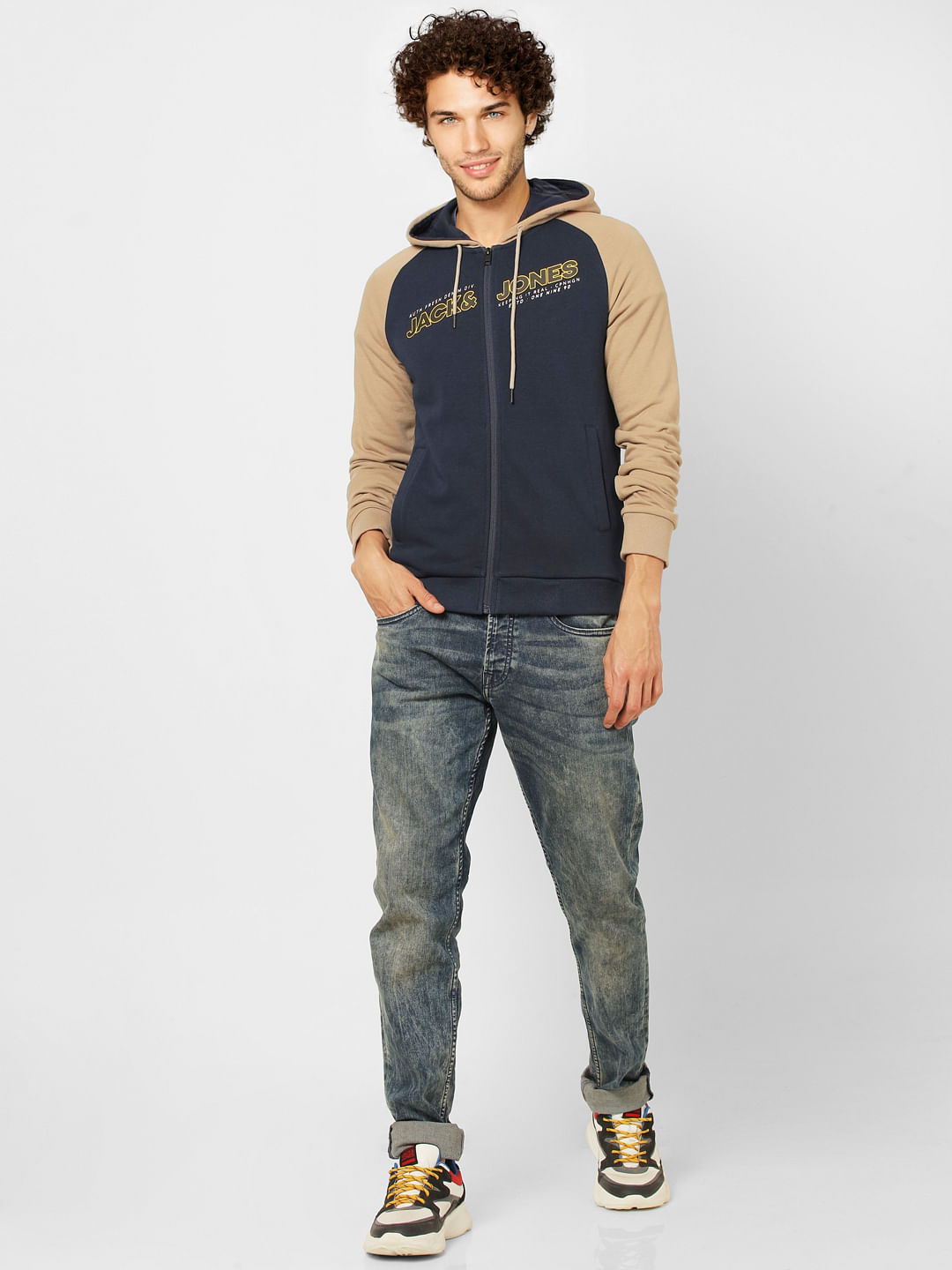 Blue Colourblocked Logo Print Hoodie - S