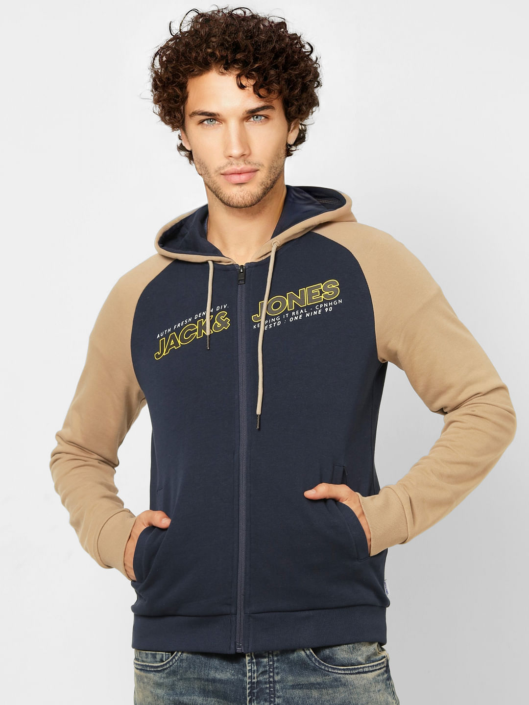 Blue Colourblocked Logo Print Hoodie