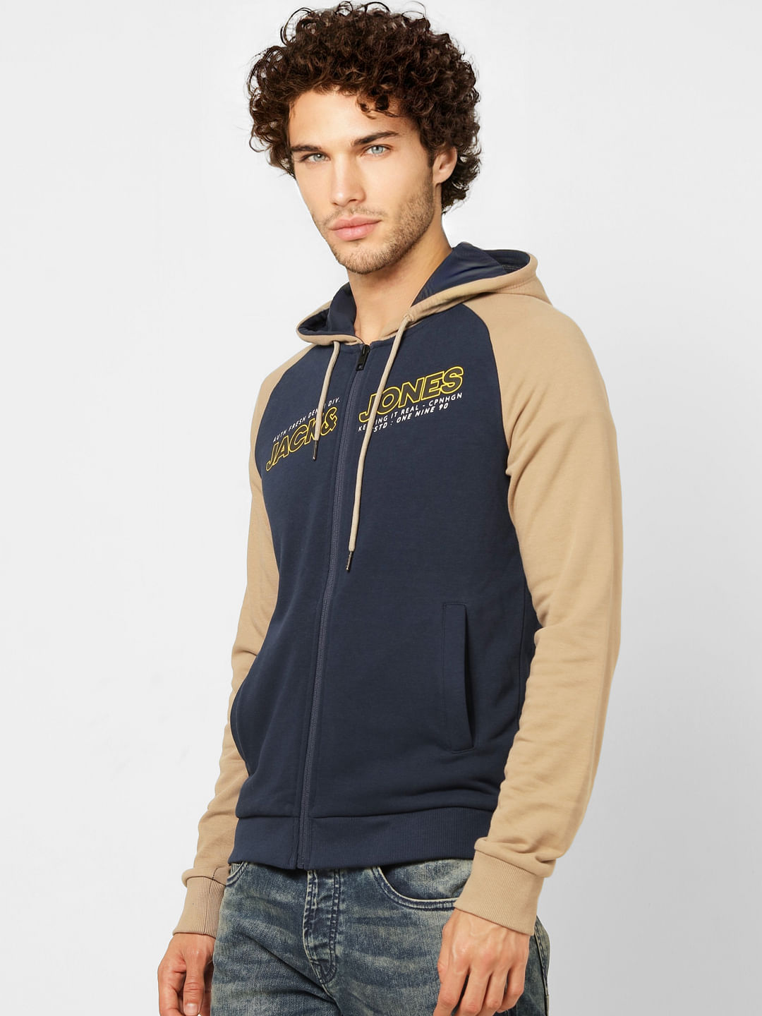 Blue Colourblocked Logo Print Hoodie