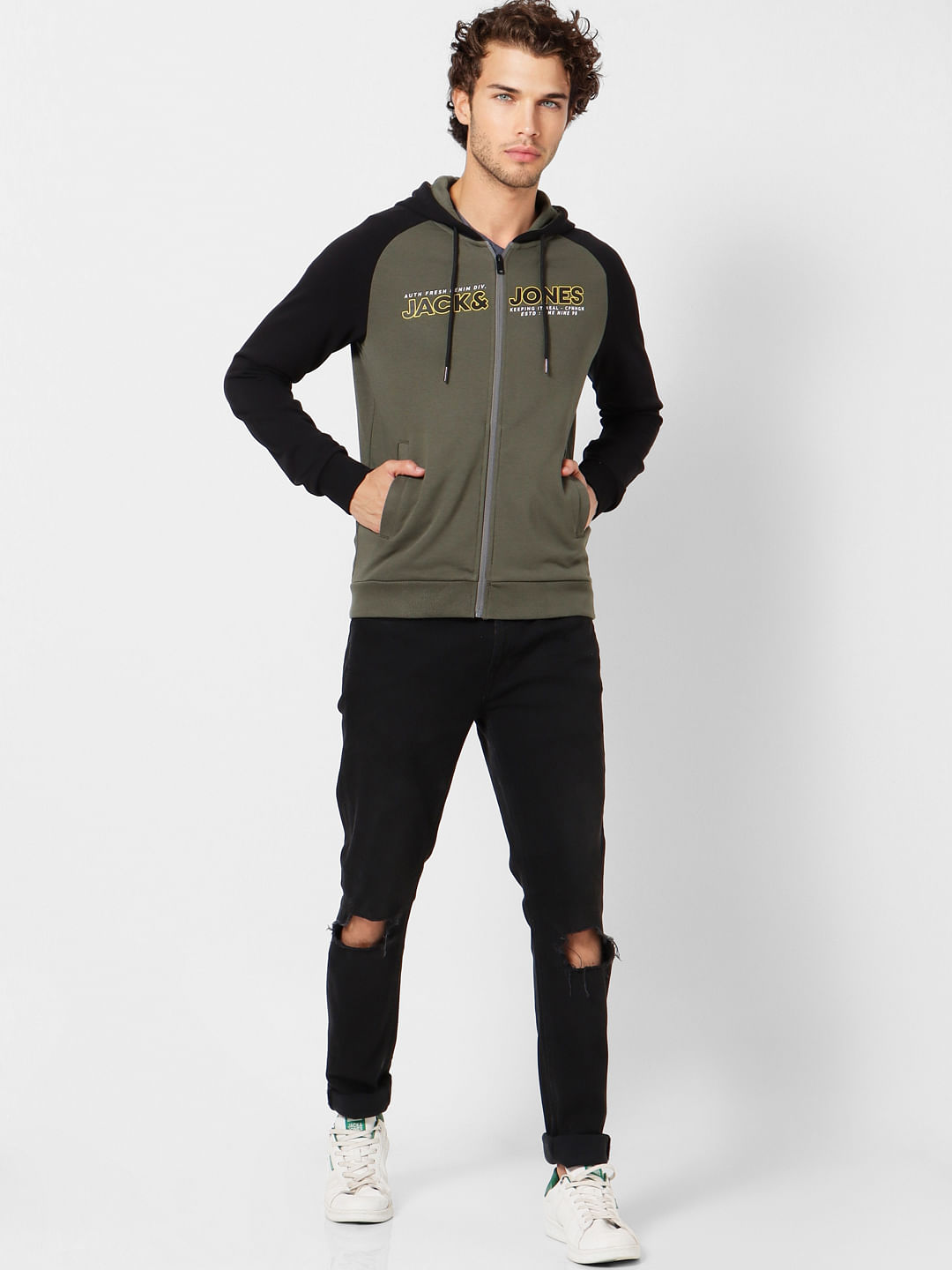 Olive Green Logo Print Zip Up Hoodie - S