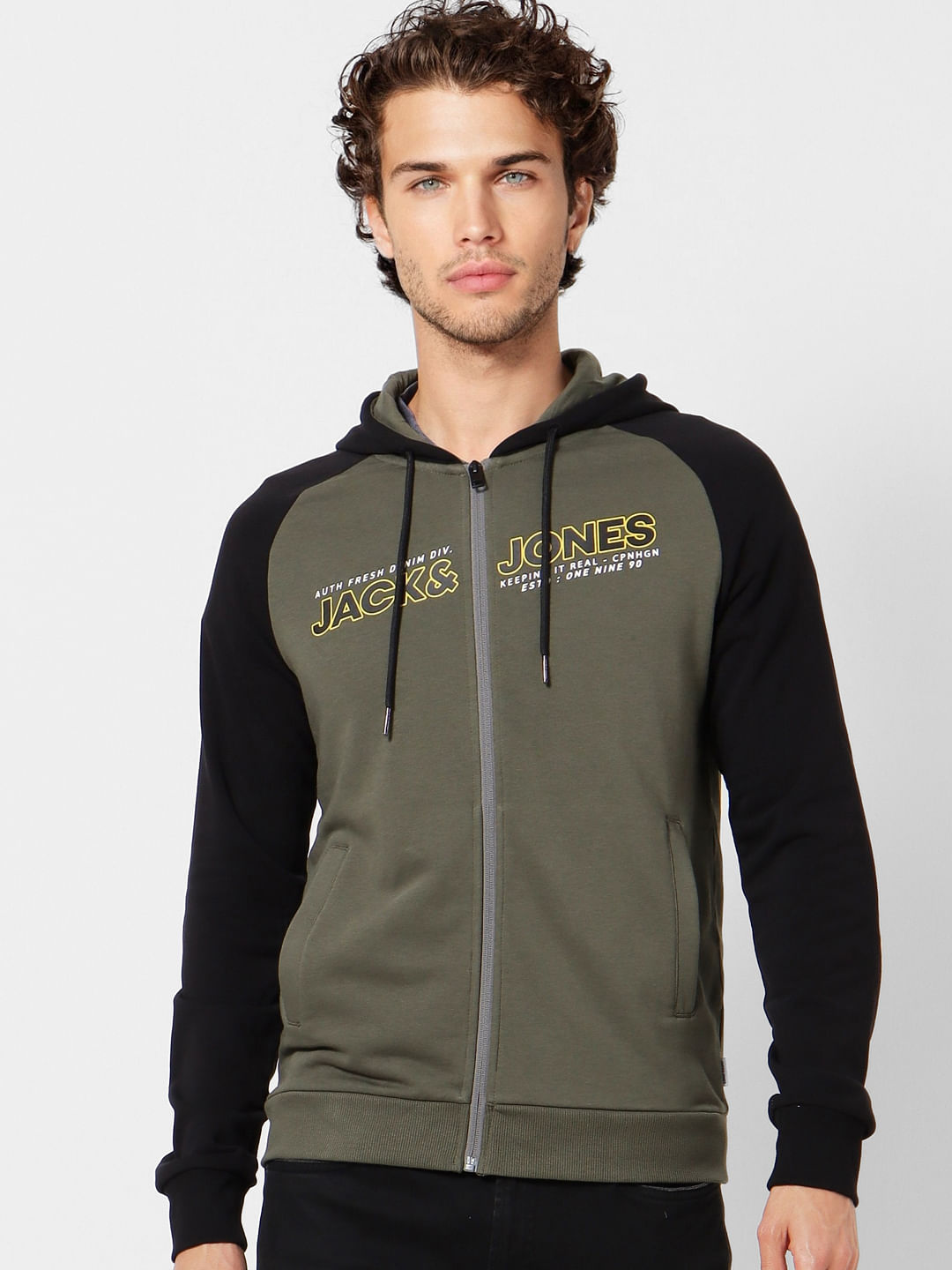 Olive Green Logo Print Zip Up Hoodie