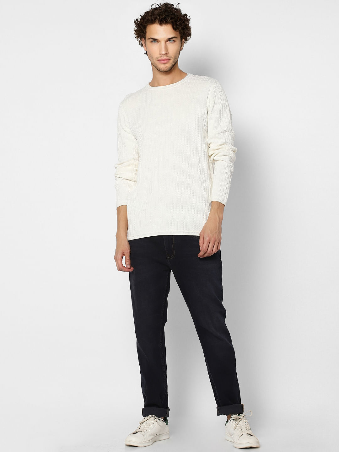 White Self Design Pullover